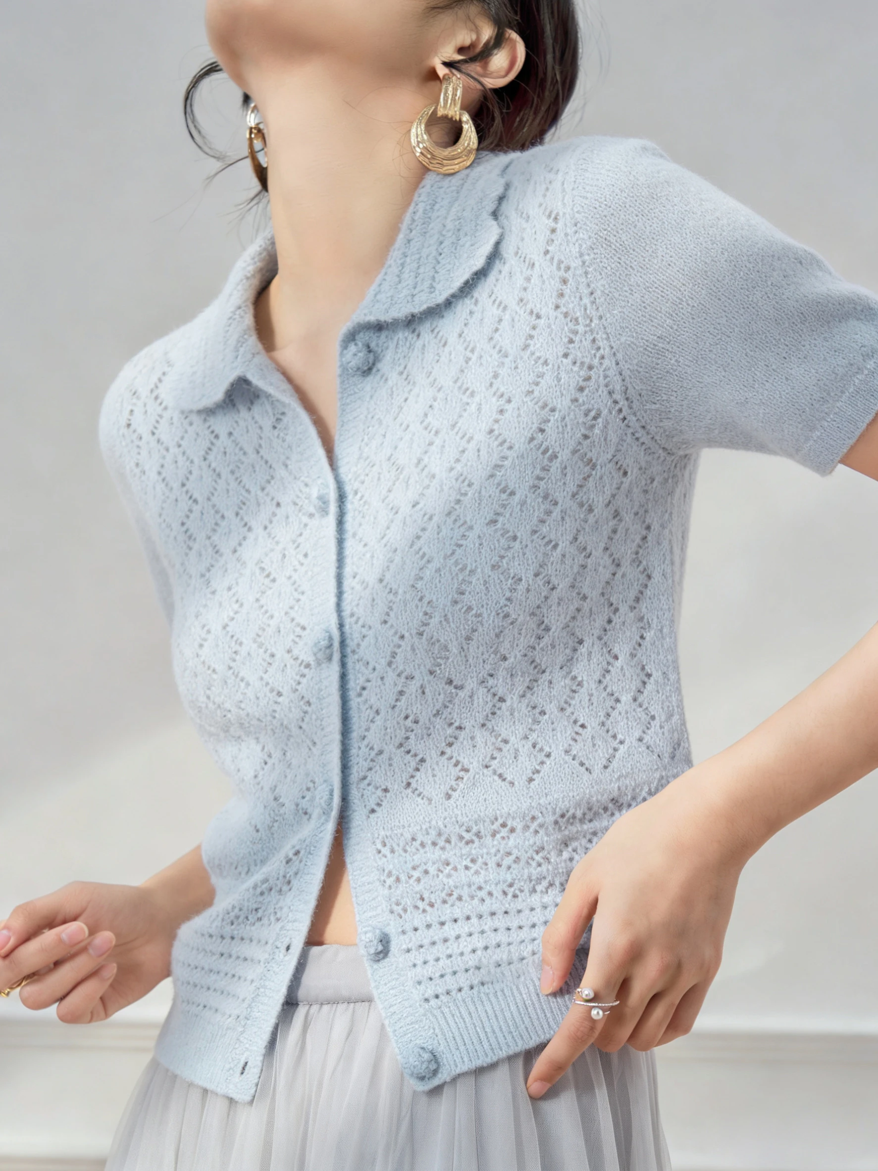 

Blue Summer Women's Knitted Top Hollow out Short Sleeve Turn-down Collar Korean Style Casual Fashion Polyester Fiber Blend