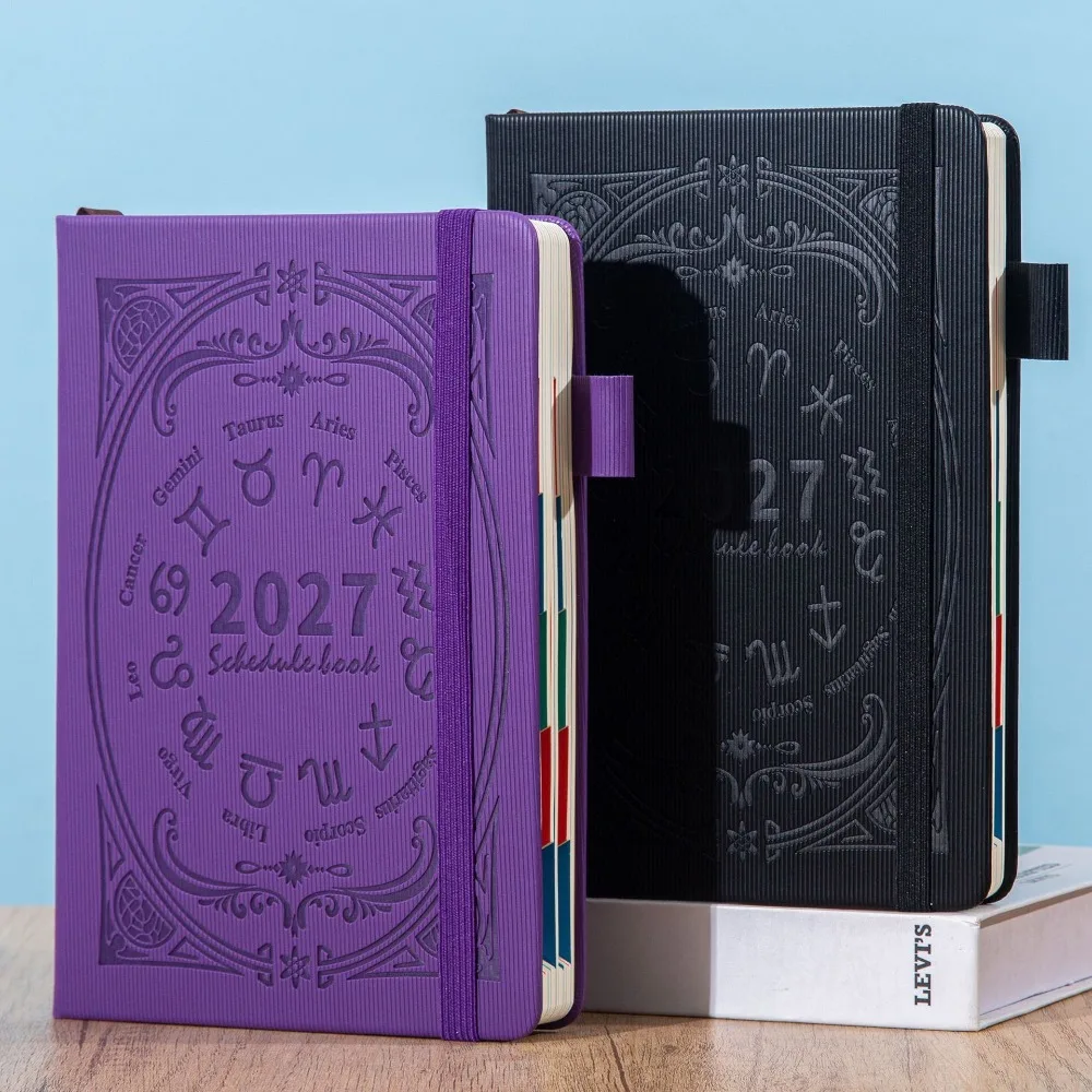 A5 2027 Constellation Pattern Calendar Notebook PU Leather English Schedule Planner Notepad Bookmark Constellation Cover