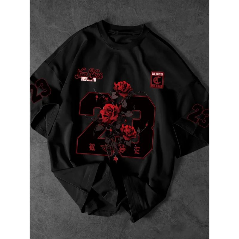 Unisex 23 Red Rose New York Brooklyn Print T Shirt Vintage Short Sleeve Tee Gothic Varsity Streetwear Men Women Casual Tops