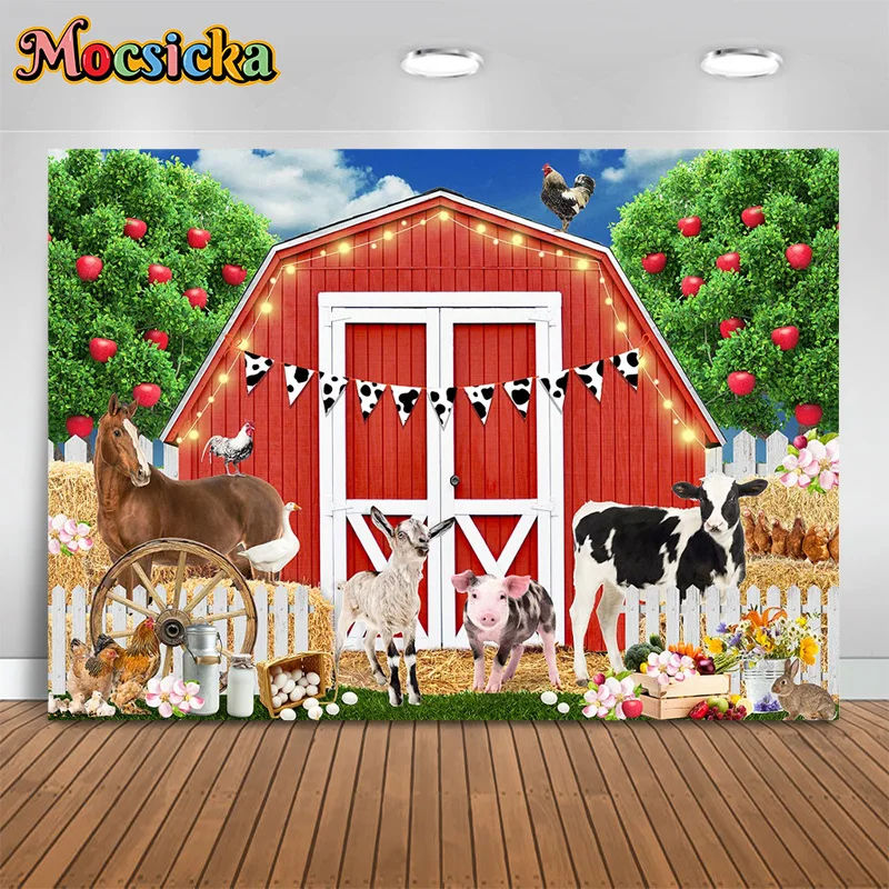 

Mochisca Happy Birthday Party Photography Background Farm Animals Red Barn Fruit Tree Backdrop Cake Smash Kids Photo Banner