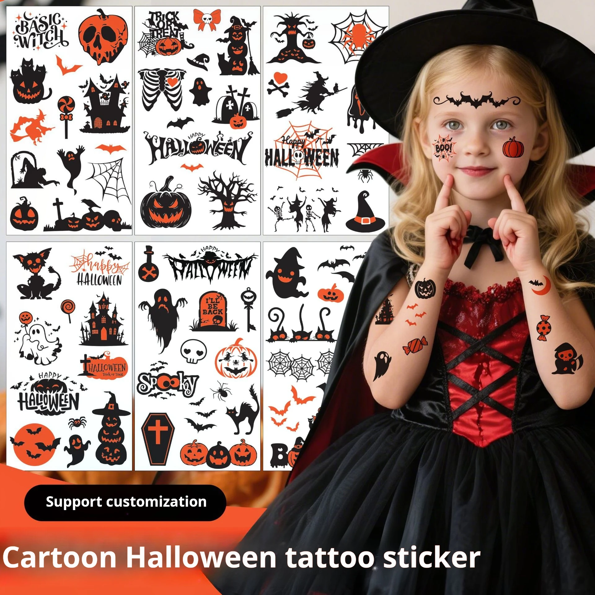 

10PCS Halloween Temporary Tattoo Stickers | Cartoon Pumpkin Ghost Bat Spider | Kids Birthday Party Favors & Boy Girl Gifts