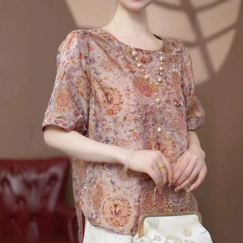 Summer New Chinese Style round Neck Short Sleeve Silk T-Shirt Women Loose Fashion Slimming Shirt Top Age-Defying Polyester Fa...