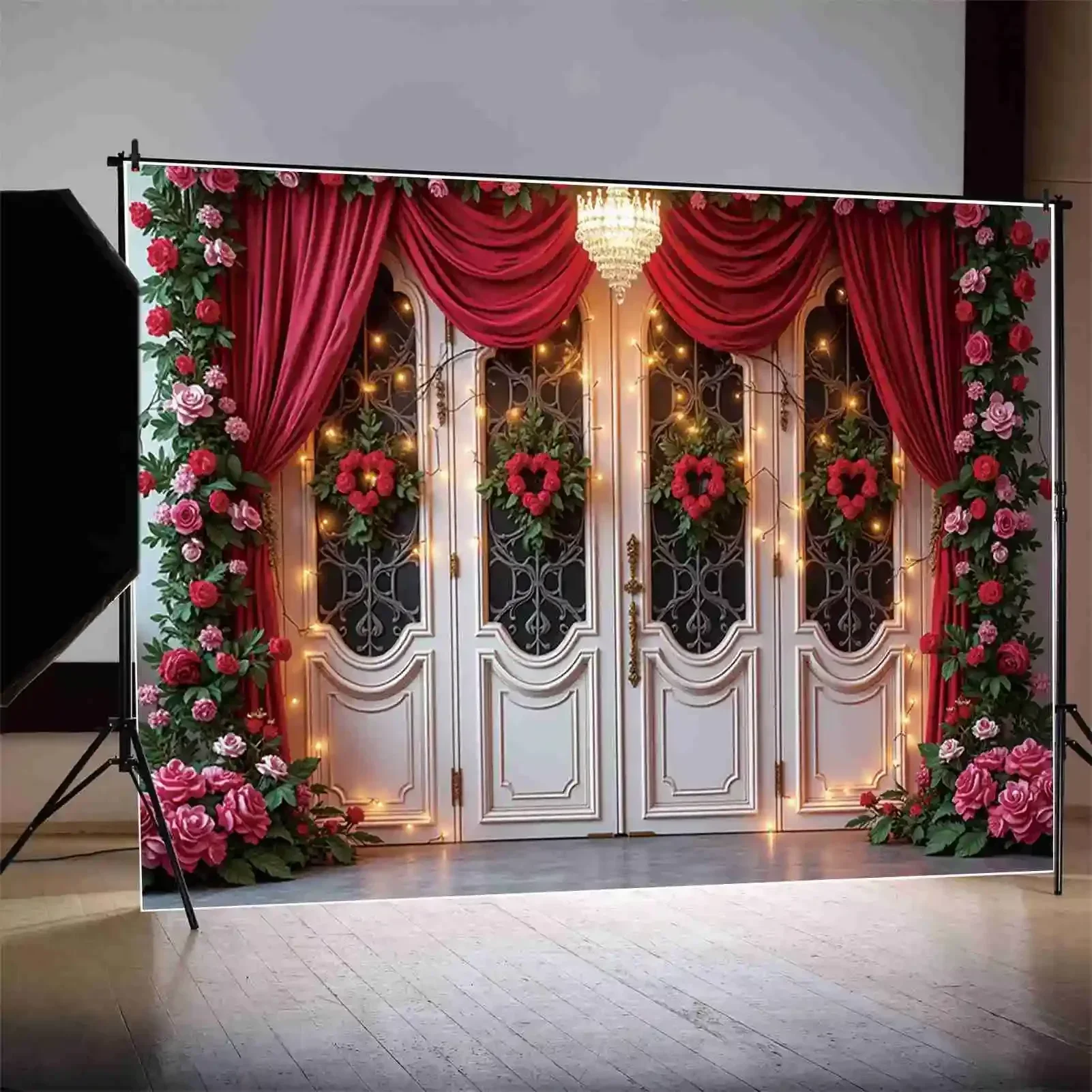 ดวงจันทร์. QG ดอกไม้วันวาเลนไทน์การถ่ายภาพพื้นหลังตุ๊กตาหมีสวนสีชมพู Rose Photozone ฉากหลังคู่ตกแต่ง