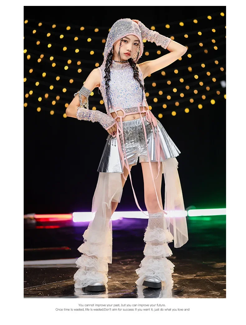 Neues Jazz-Tanzkostüm für Kinder, Mädchen-Streetdance-Paillettenweste, Lederhose, Rock, Bühnenkostüm für Auftritte – Detail 11