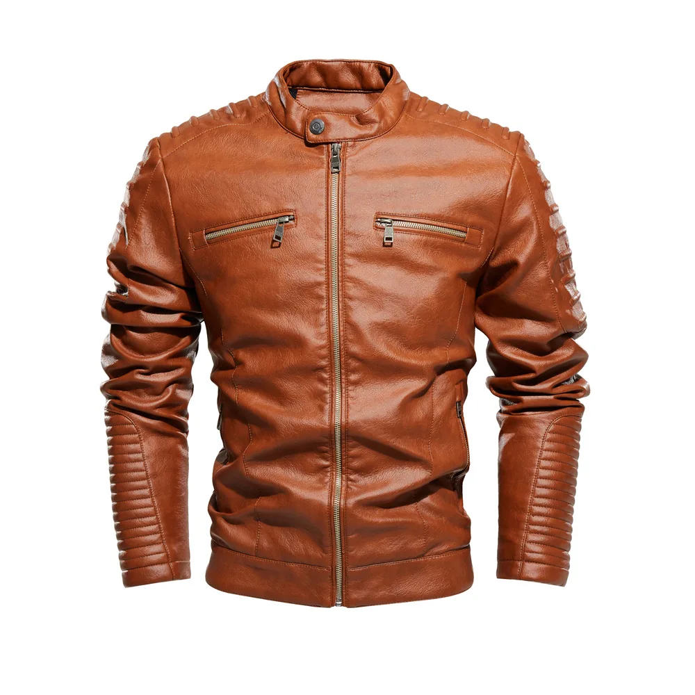 Winter Men's Leather Clothing New Solid Color Trend Tough Guy Style Outdoor High Street Stand Collar Coat Men Leather Jacket