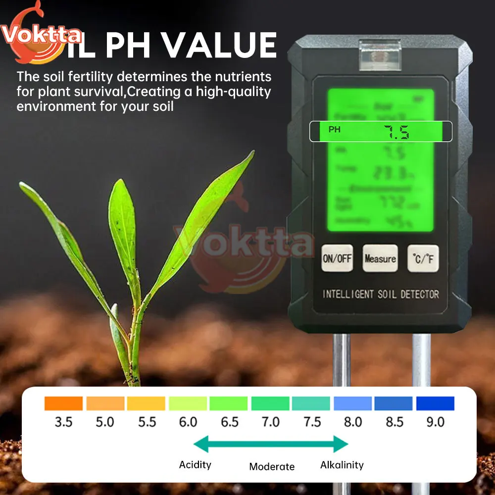 Testador de pH do solo 6-em-1, teste de temperatura de umidade, tela LCD, medidor de umidade, testador de água nutriente, plantio de flores do jardim