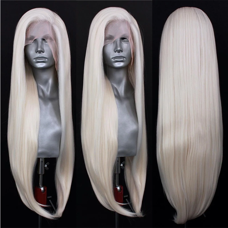 Icy Platinum Pirang Wig Lurus Sintetis 10% Rambut Manusia Campuran Renda Wig Depan Renda Wig Renda Serat Suhu Tinggi Sehari-hari