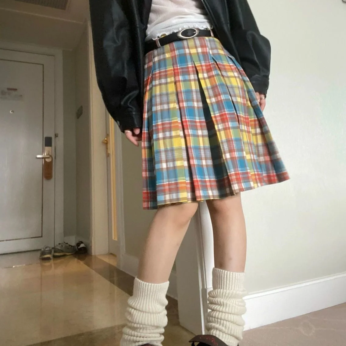 

Women's Colorful Plaid Pleated Skirt - High Waist Vibrant Multi-Color Check A-Line Mid-Length Skirt, Casual Spring Summer Autumn