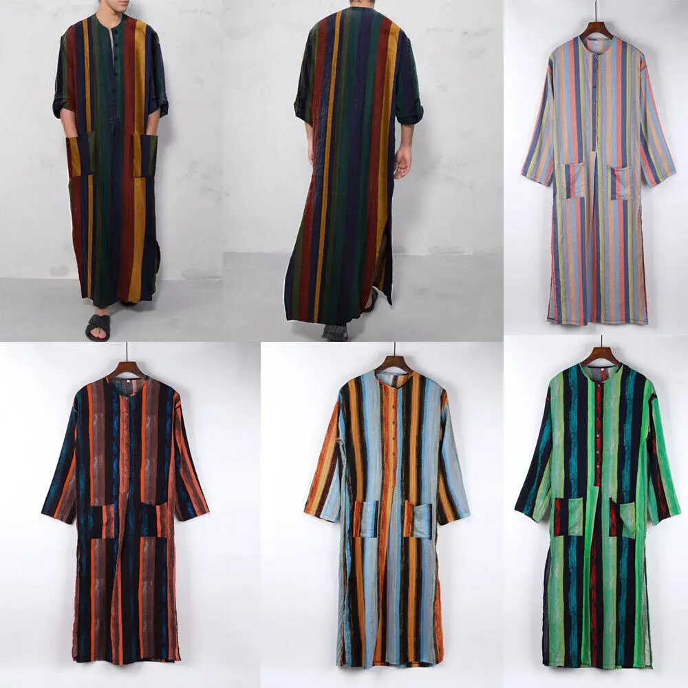 

Muslim Fashion Men Jubba Thobe with Pockets Loose Long Sleeve Vintage Stripe Arabic Dress for Islamic Arab Men's Muslim Robes