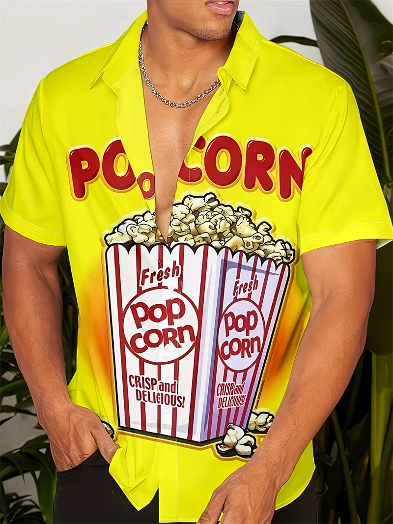 

Novelty Popcorn Hawaiian Man Shirts Fresh Popcorn" Text Print Breathable Lightweight Summer Casual Shirt Clothing