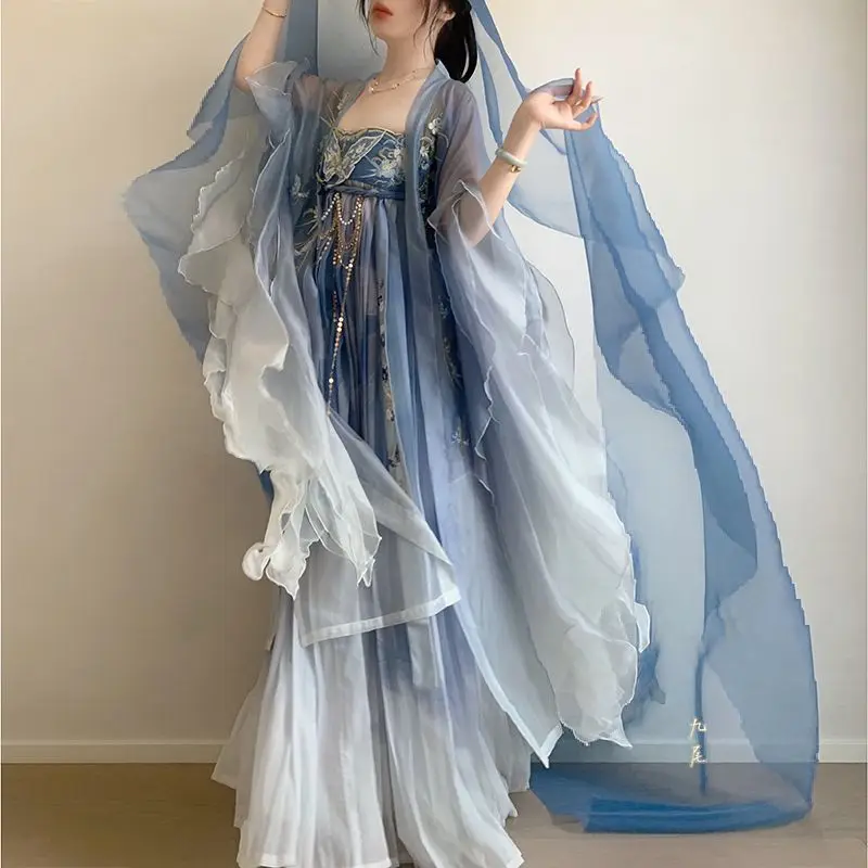 Blue Embroidered Hanfu Women's Traditional Chinese Style round Neck Robe for Girls Spring Summer Adult Performance Gown