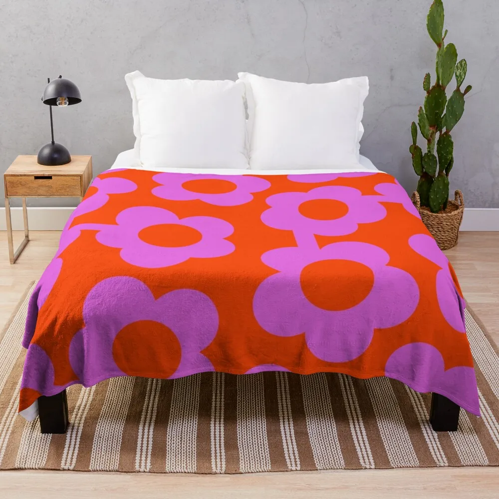 Iconic Retro Scandinavian Flowers in Orchid and Orange Throw Blanket Plush Decorative Sofa heavy to sleep Soft Big Blankets