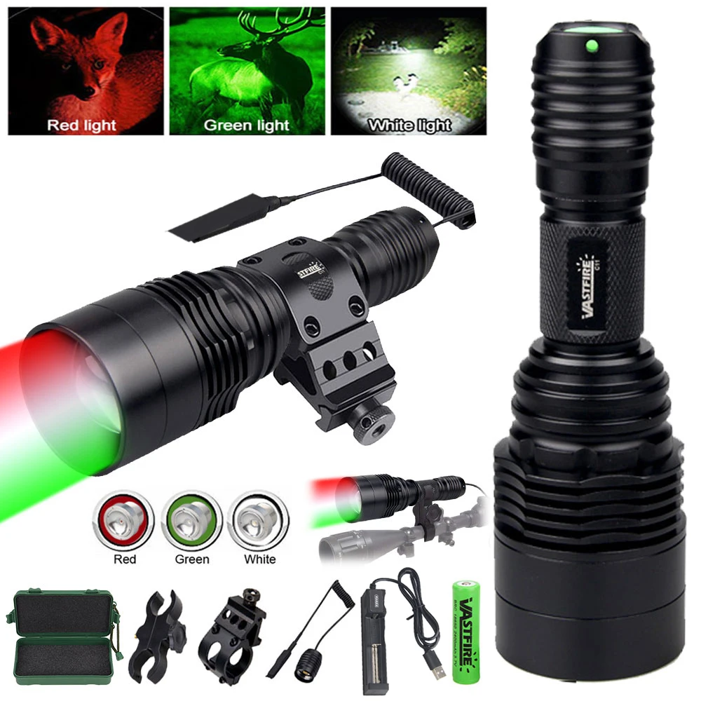 Tactical Red+Green+White Weapon Light Powerful C11 XPE LED Night Hunting Flashlight+Rifle Scope Mount+Tail Switch+18650+Charger