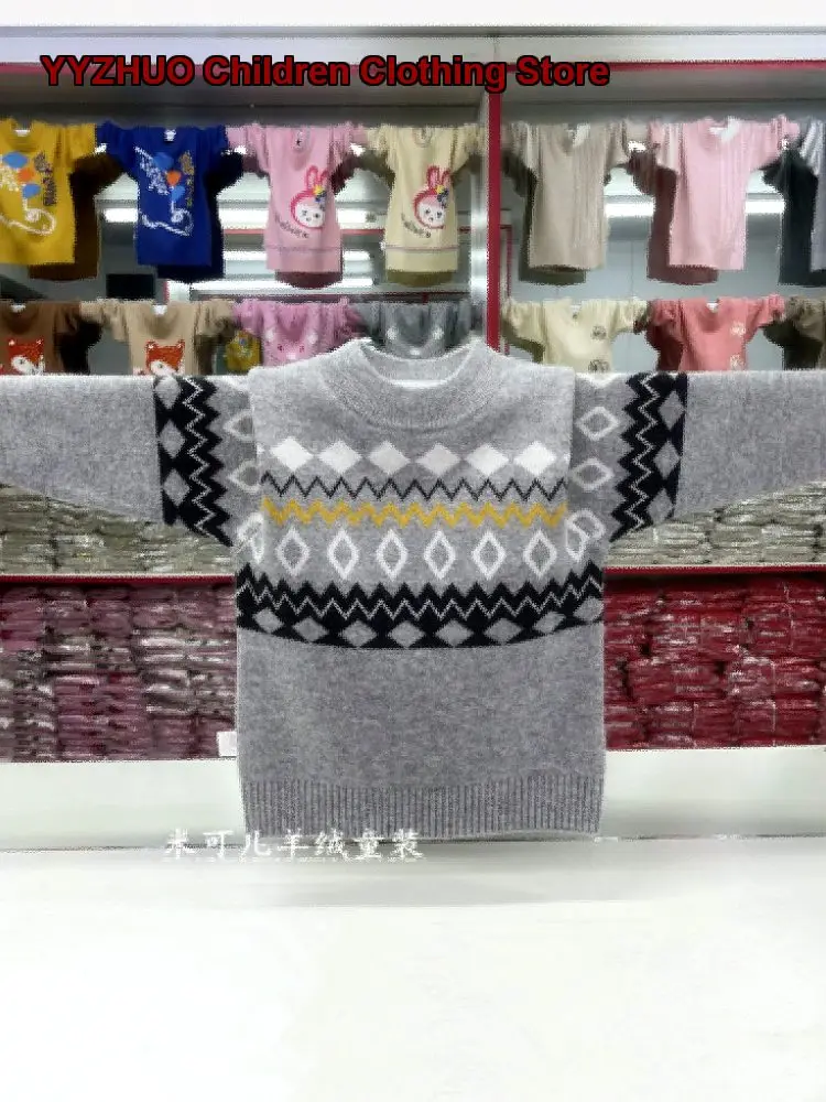 New Boys Double-Layer Thickened Hand-Knitted Round Neck Cashmere Sweater Boys Pullover Baby Knit Kids