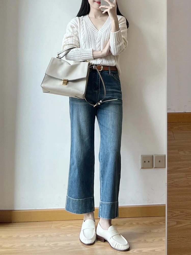 Retro Blue High Waist Straight Leg Jeans Women's Loose Wide Leg Pants Slimming Nine Points Autumn New Style Small Size