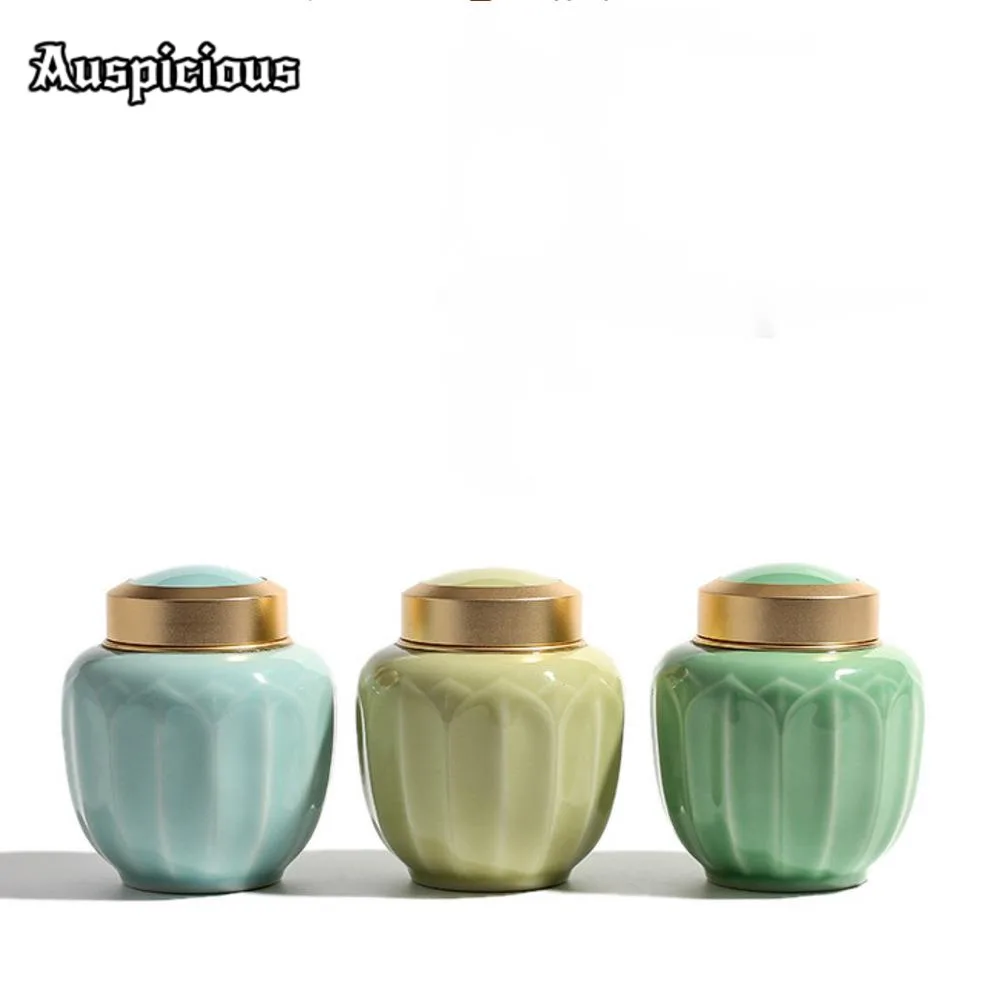 

500ml Longquan Celadon Lotus Tea Box Organizer Moisture-proof Zen Metal Lid Ceramic Storage Tank Containers Tea Caddy Ornaments