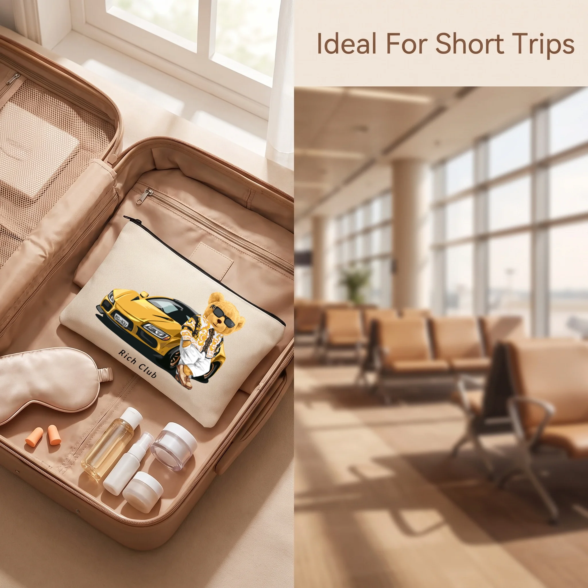 Canvas Makeup Bag Fashion Rich Club Teddy Bear Yellow Sports Car Print Portable Travel Cosmetic Zipper Storage Pouch