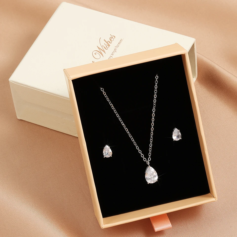 ZAKOL Exquisite Shiny Zircon Water Drop Round Earring Necklaces for Women Romantic Wedding Engagement Jewelry Set With Gift Box