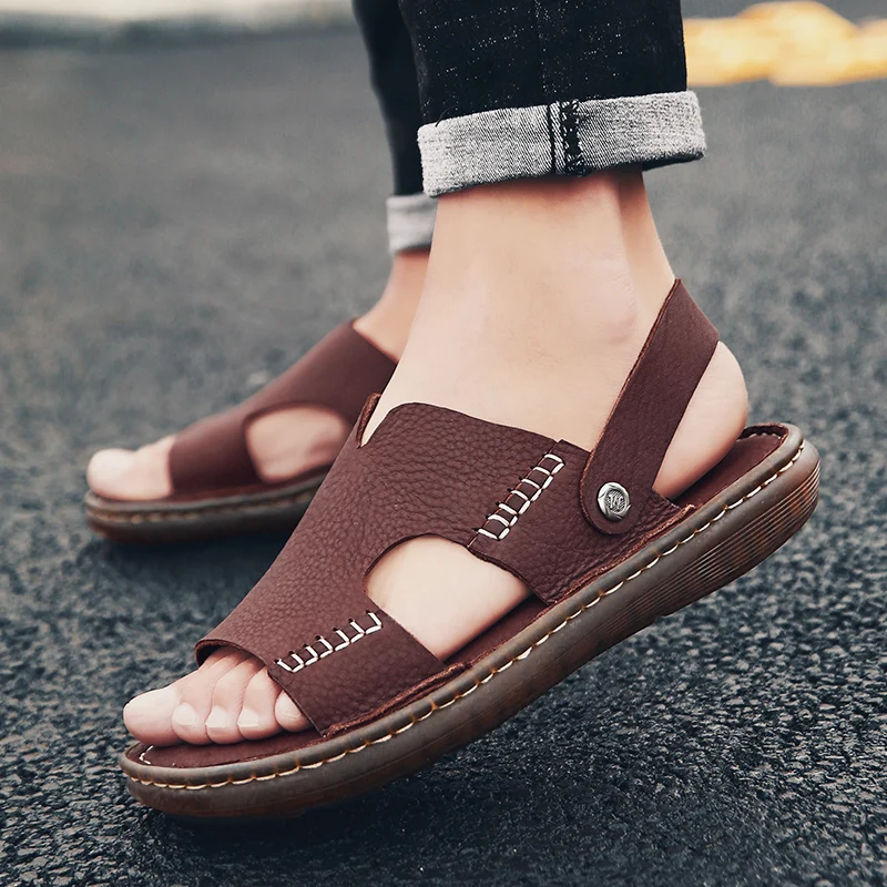 WAERTA Big Size 46 Men Sandals Comfort Genuine Leather Sandals Summer Quality Beach Slippers Casual Footwear Outdoor Beach Shoes