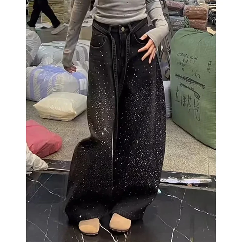 American Retro Starry Hot Diamond Splicing Jeans For Women Autumn Winter Fashion Loose BF Style Long Wide-leg Denim Pants