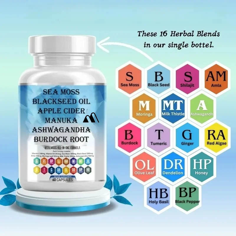 Seaweed Complex Contains Black Seed Oil Shilajit、 Moringa, Turmeric, Burdock, Vitamins, Chlorophyll, Ginger -60 Capsules