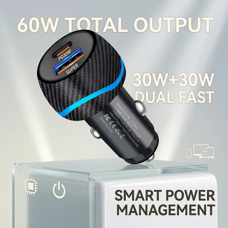 60W Dual Port USB C Car Charger Carbon Fiber Texture PD 30W QC 30W Fast Charging Cigarette Lighter Adapter For Phone Tablet