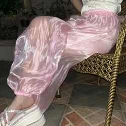 Sexy Transparent Holographic Soft Reflectiv Glossy Water Wave Gauze Pajamas Pants Women men Plus Size Silky Lantern Trousers