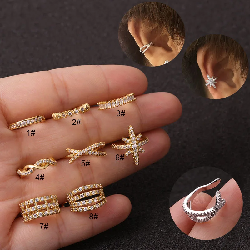 1Piece Fake Piercing Clip On Earrings No Pierce Gold Ear Cuff Wrap Pendientes Crystal Zircon Clip Women Earcuff Climbers Brincos