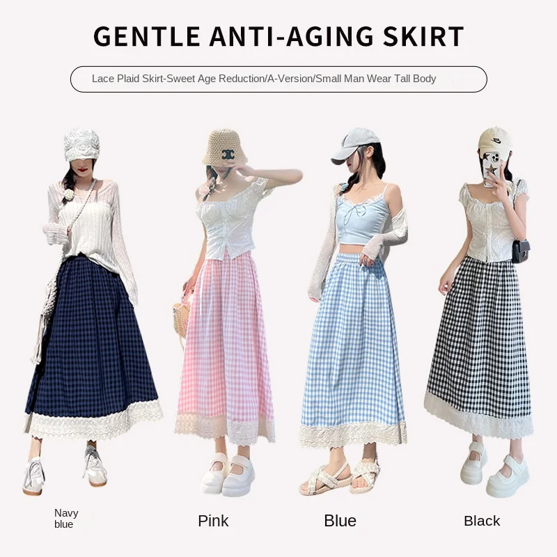Лесной стиль, клетчатая юбка-миди в студенческом стиле с кружевной отделкой, летняя женская винтажная повседневная юбка средней длины, кружевная лоскутная юбка трапециевидной формы