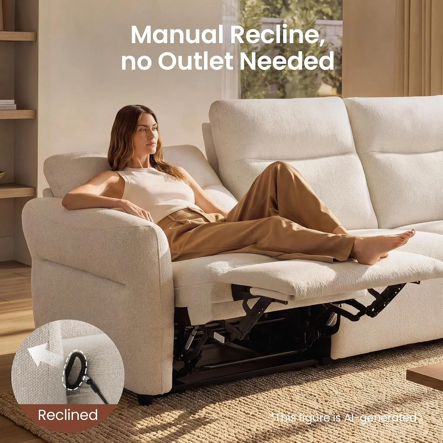 Linnea 95.6" Oversize 3-Seater Manual Reclining Sofa, Beige, Customized 4