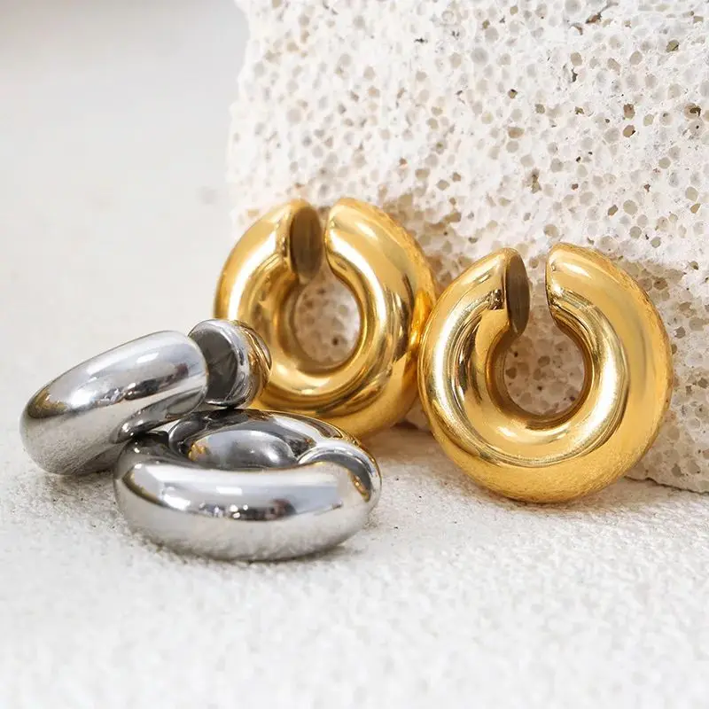 Badu Stainless Steel Round Chunky Ear Clip Earrings Unisex Statement Waterproof Thick Gold Color Ear Cuff Non Piercing Jewelry