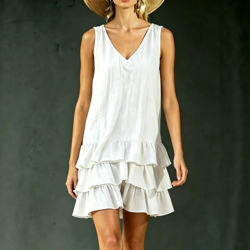 

Women Sexy V Neck Ruffle Summer Mini Dress 2026 Loose Casual Solid Color Vestidos Sleeveless Dresses Off Shoulder Boho Sundress