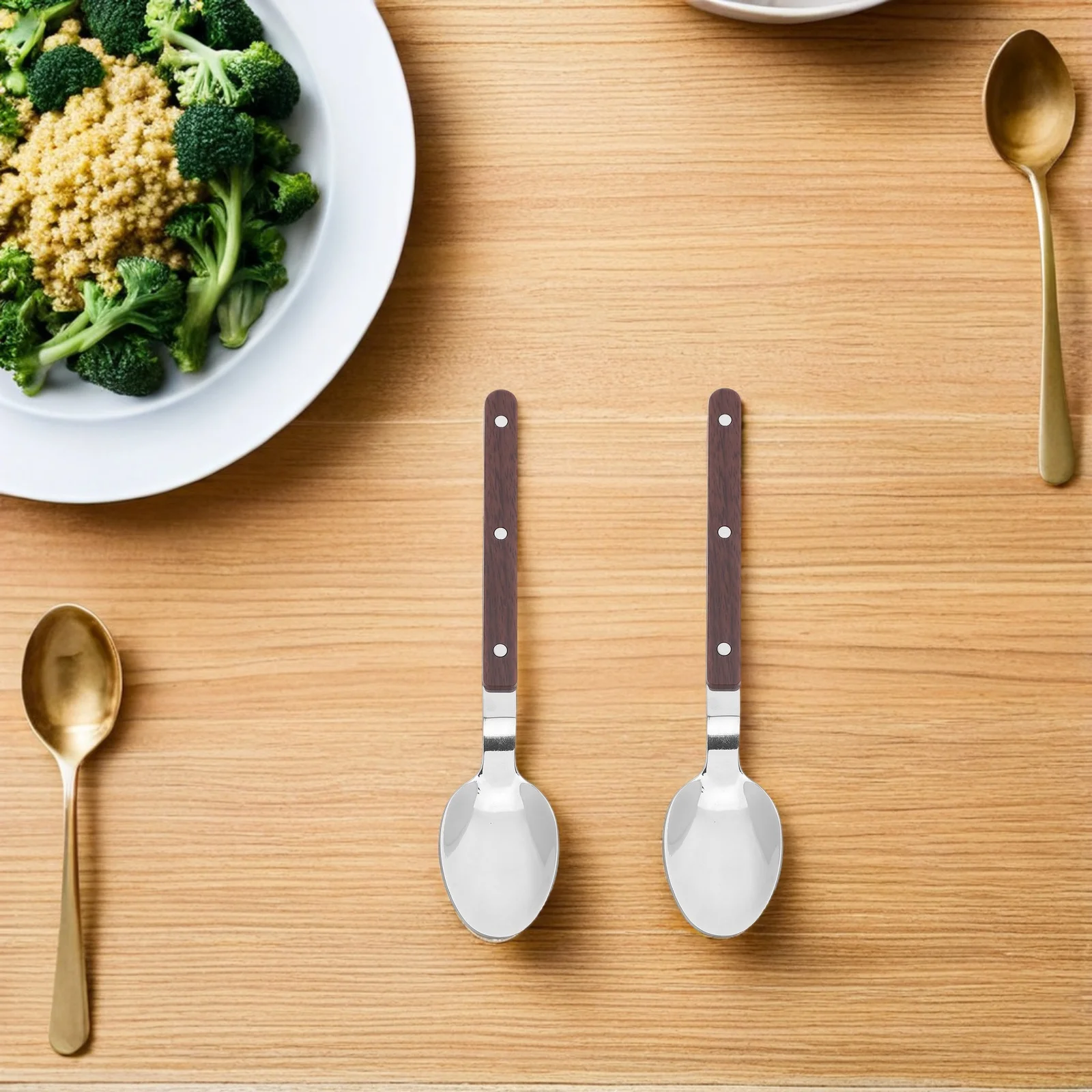 

5 шт. обеденные ложки из нержавеющей стали с деревянной ручкой, металлические столовые ложки, сервировочная ложка для рисового супа, десерта, домашнего ресторана