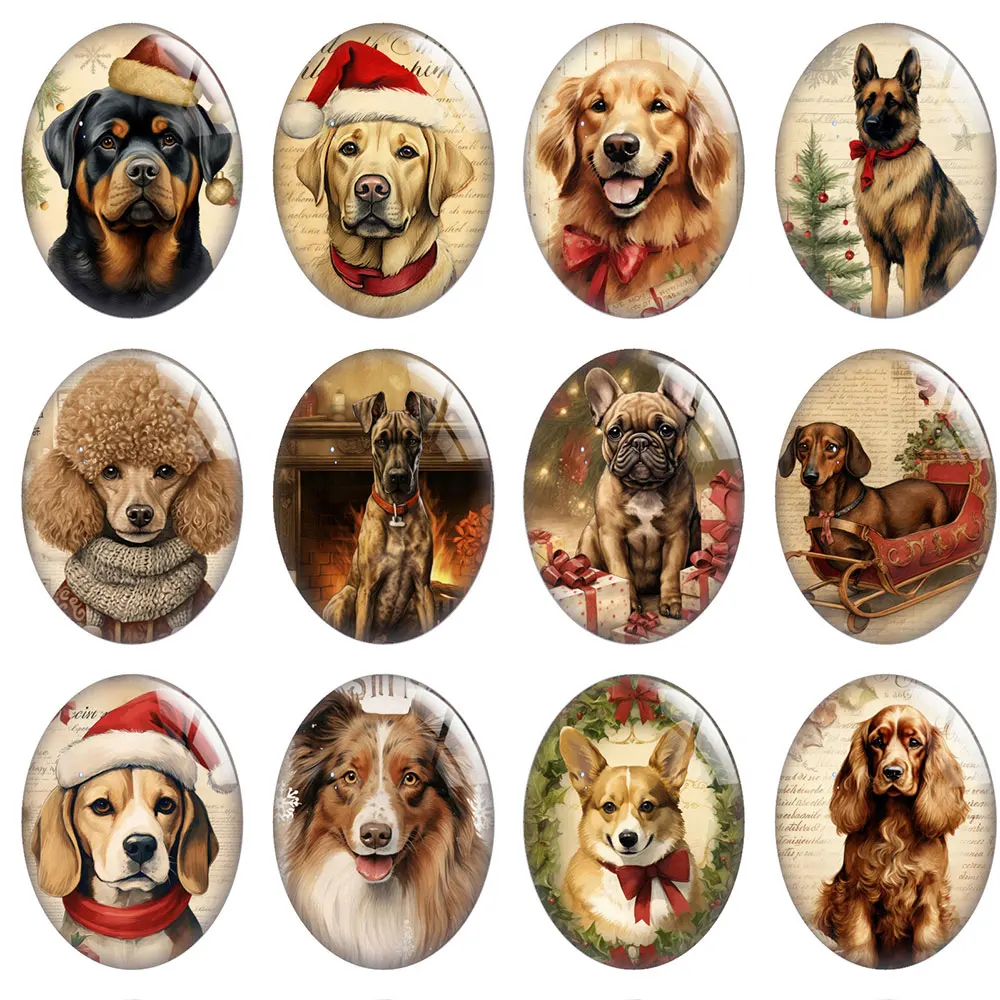 10pcs/lot Christmas X-mas Winter Cute Dog Puppy Pets Oval Photo Glass Cabochon Flatback Demo Cameo For Diy Jewelry Making