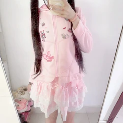 Japanese Kawaii Cartoon Embroidery Hoodies Women Pink Top Lace Patchwork Jacket Y2k Aesthetic Loose Zipper Sweatshirt Harajuku