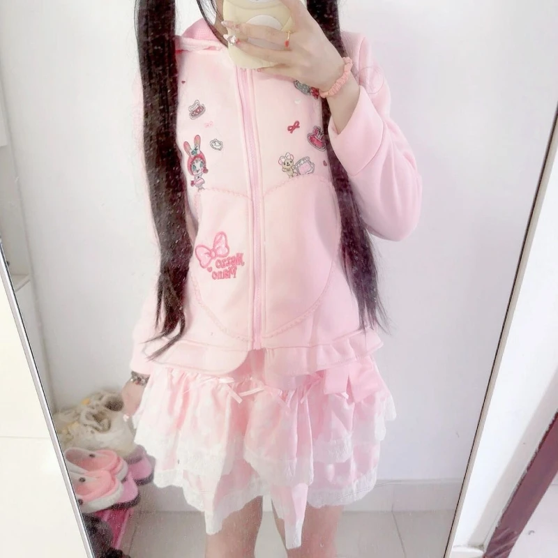 Japanese Kawaii Cartoon Embroidery Hoodies Women Pink Top Lace Patchwork Jacket Y2k Aesthetic Loose Zipper Sweatshirt Harajuku