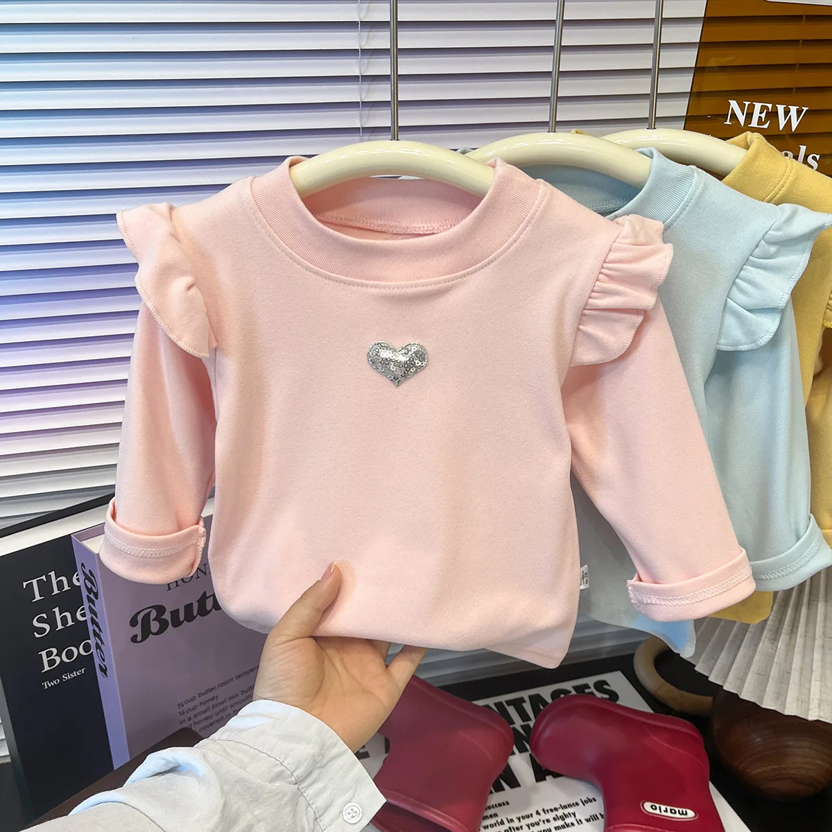 Autumn Sweet Solid Girls Base Heart Print Tops Warm Ruffle Long Sleeves T-Shirt for Kids Daily Wear Children Clothes Shirt
