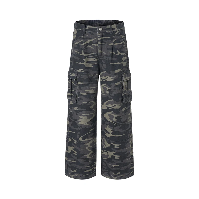 2025, Herbst und Winter, elastische Taille, mehrere Taschen, lockere, gerade Tarn-Arbeitshose für Herren, lässige und hübsche Jeans