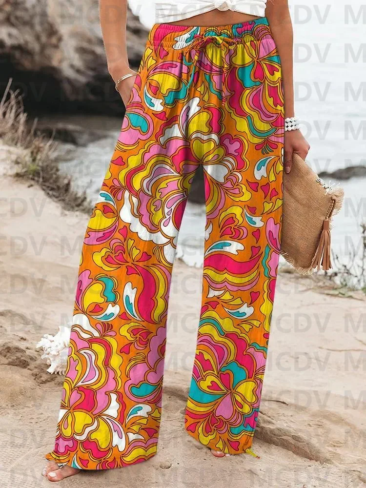 Women's Retro Hippie Floral Art Printed Linen Casual Pants