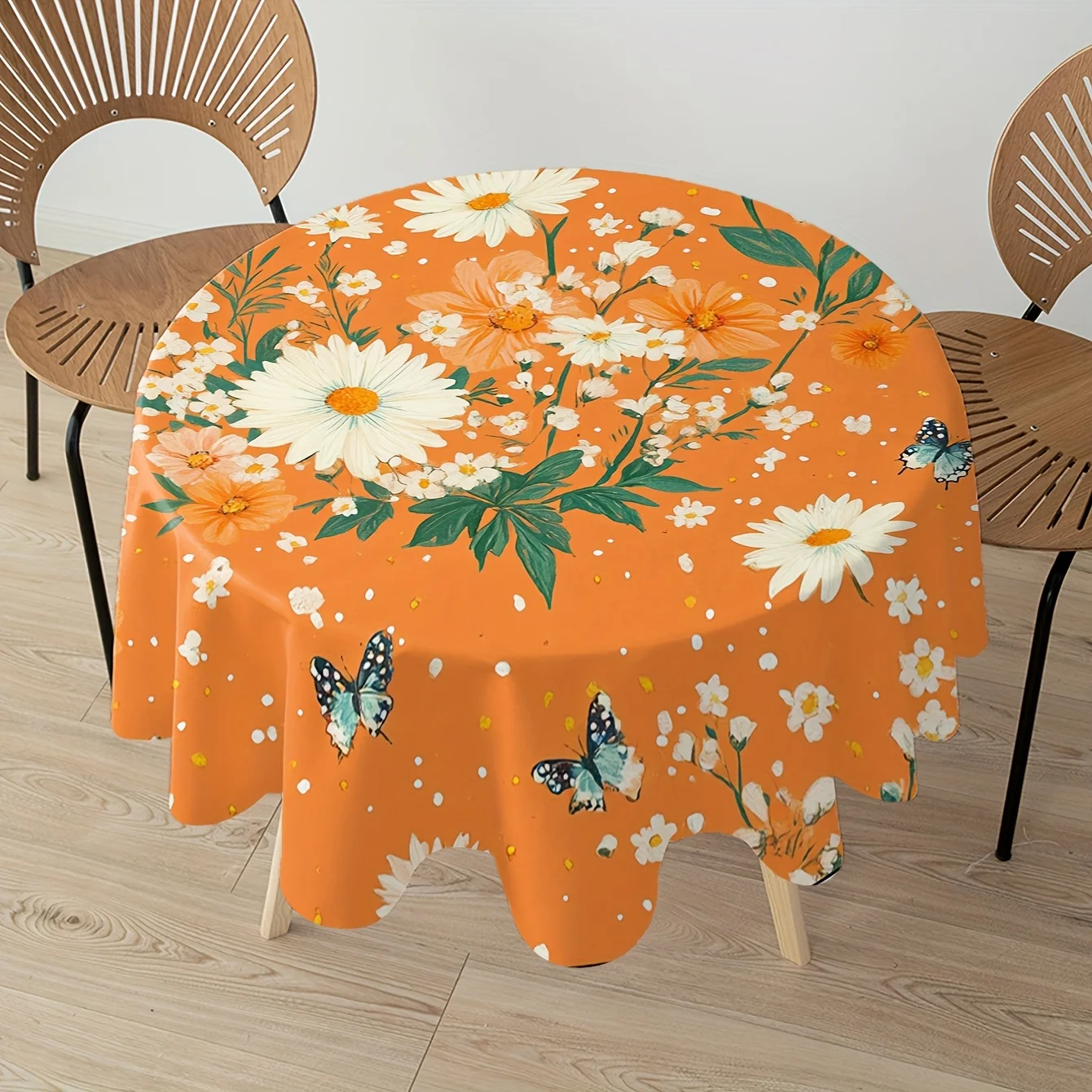 Elegant Daisy Butterfly Round Tablecloth with Multicolor Daisies Butterflies 60-Inch Round Table Cover Lightweight Machine