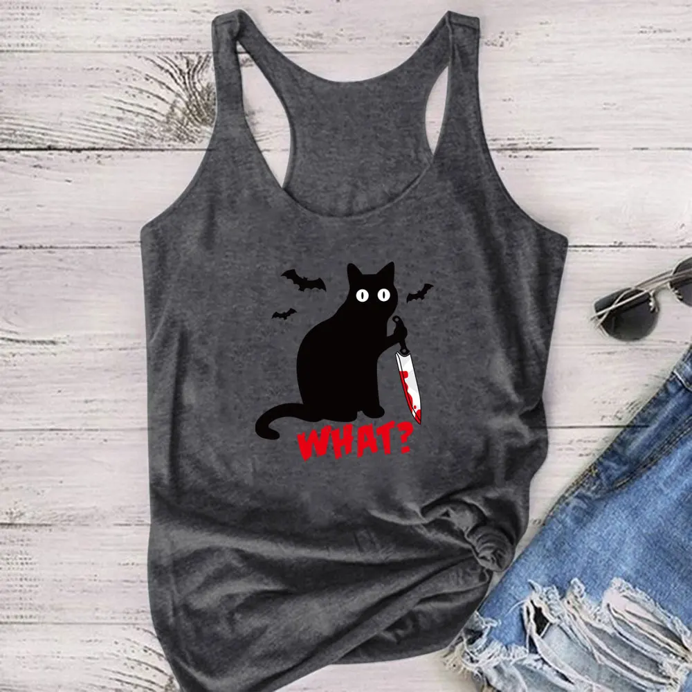 

Seeyoushy 2023 Gothic Cat Knife Bats What Printed Tank Top Women Sleeveless Graphic Vest Cotton Crew Neck Tank Tops Loose Female