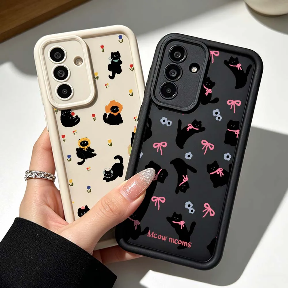 Cartoon Black Cat Bow Silicone Case For Samsung Galaxy A71 A57 A56 A55 A54 A53 A52s A17 A16 A06 Soft Phone Case