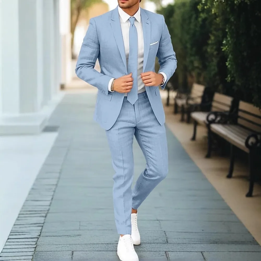 

2pcs Light Blue Slim-Fit Linen Suit, Formal Style for Business & Wedding Scenarios