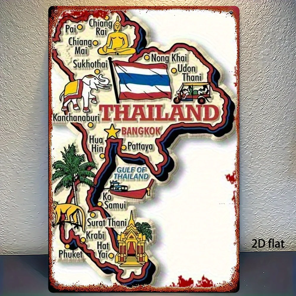 Thai Map Metal Wall Art - Vintage Retro Travel Decor with Bangkok, Phuket, Chiang Mai - Large  Iron Sign for Home, Office, Tha