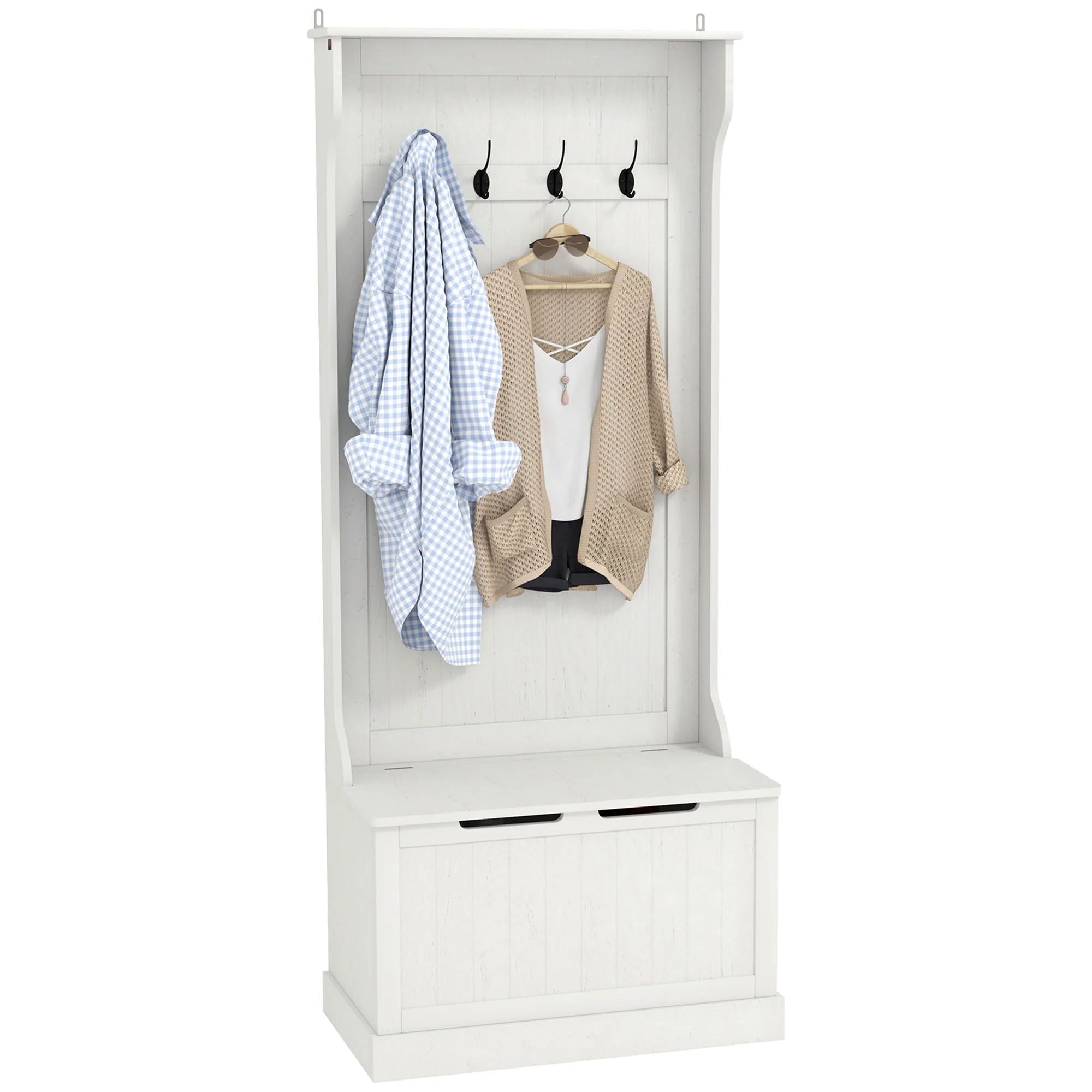 HOMCOM Hall Tree with Bench and Shoe Storage, 3-in-1 Entryway Bench with Coat Rack, 4 Hooks and Flip Top Storage Compartment, Cream White