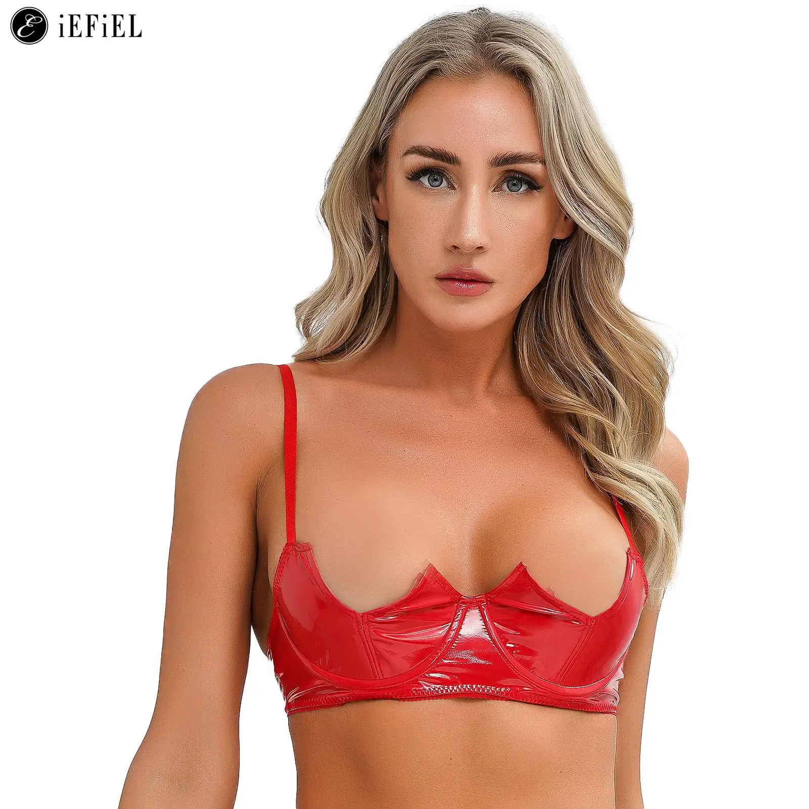 

Women PU Patent Leather 1/2 Cup Brassiere Adjustable Spaghetti Straps Bralette Underwired Bra Tops Sexy Lingerie Underwear