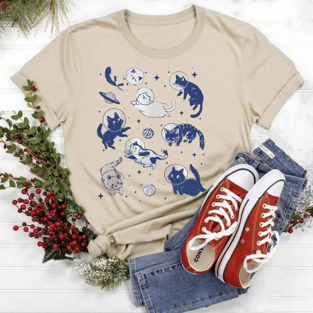 Cats in Space Shirt Funny Cat Tshirt Women Shirt Aesthetic Graphic Retro Vintage Tops Casual for Daily Wear and Casual Outings