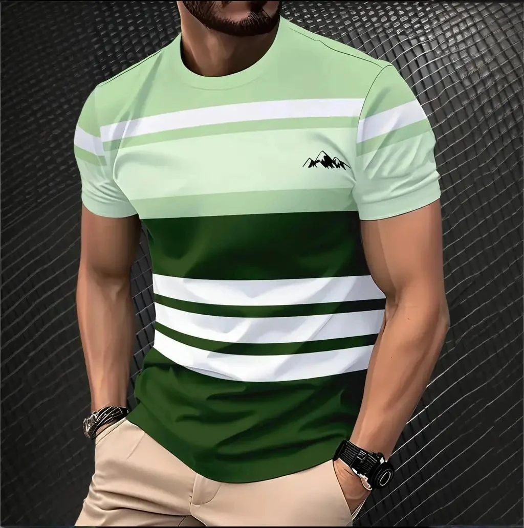 

Classic Men's T-shirt Stripe Print Summer Outdoor Round Neck Short Sleeve Tops Street Loose T-Shirt Male Oversized Clothing