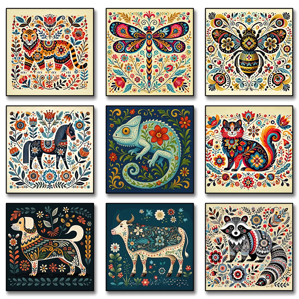 Bohemian Folk Art Animal Canvas Prints, Vibrant Mandala Floral Wall Decor, Ethnic Insect Home Art, Trendy Abstract Designs