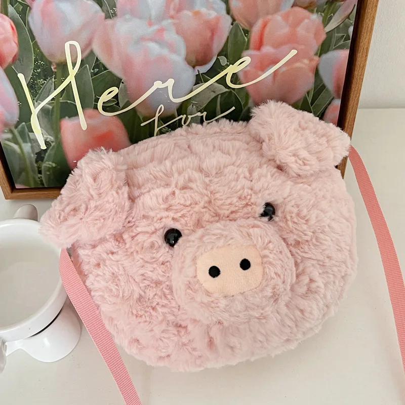 New Cute Pink Sweet Piggy Head Plush Stuffed Shoulder Bag Creative Soft Animal Plush Crossbody Bag For Girls Birthday Gifts